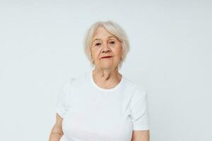 elderly woman white t-shirt studio close-up lifestyle photo