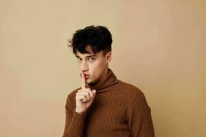 Photo young boyfriend stylish hairstyle brown turtleneck Lifestyle unaltered