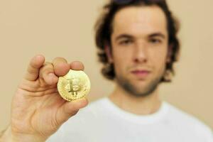 man emotions cryptocurrency finance close-up isolated background photo