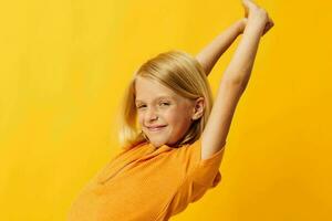 Young blonde girl blonde straight hair posing smile fun childhood lifestyle unaltered photo