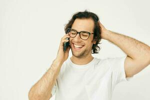 Attractive man telephone communication hand gesture isolated background photo