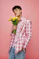 in a pink plaid jacket a bouquet of flowers romance photo