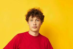 portrait of a young curly man summer style fashion posing isolated background unaltered photo