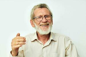 Photo of retired old man smile emotion hand gesture cropped view