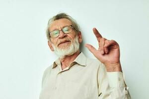 Photo of retired old man wears glasses in shirts unaltered