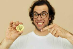 Cheerful man emotions cryptocurrency finance close-up Lifestyle unaltered photo