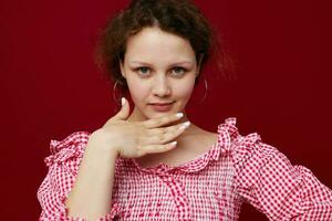 woman pink blouse posing isolated background close-up photo