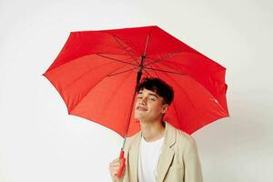 Man rain protection in hand in hand modern style light background unaltered photo