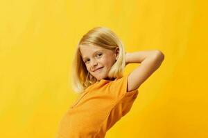 Little girl blonde straight hair posing smile fun color background unaltered photo