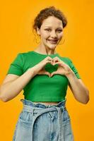 portrait of young woman stylish-clothes gesture hands studio photo