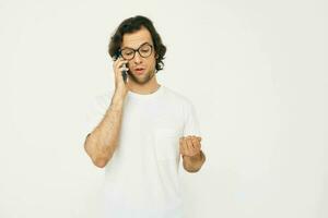 Cheerful man telephone communication hand gesture Lifestyle unaltered photo