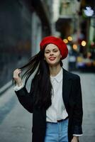 Fashion woman smile with teeth portrait stroll tourist in stylish clothes with red lips walking down narrow city street curves, travel, cinematic color, retro vintage style, Valentine's Day. photo