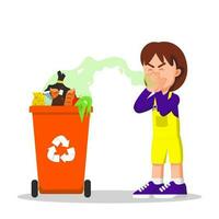 Little girl was annoyed and covered her nose because of the stench from the trash can vector