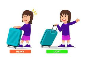 Little girl carrying heavy and light suitcase in different ways vector