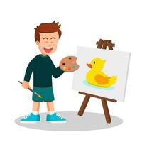 Happy boy paints a duck on canvas vector