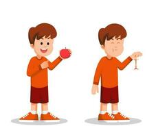 Cute boy really enjoys eating apples vector