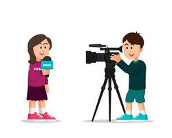 boy recording a little girl talking as a reporter vector