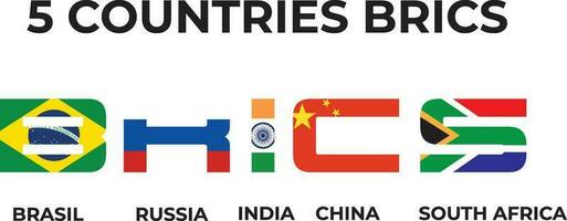 BRICS . Association of 5 countries . Flat simple circle flag design . White isolated background and country map . Vector .