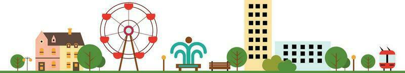 Seamless city park bench, lawn and trees, garbage can, swings and carousels. Vector in flat style. In the background business city center with skyscrapers. Green vegetation