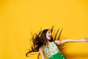 stylish woman emotion trendy fashion young style happy yellow brunette beautiful photo