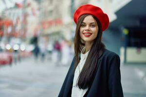 Happiness woman jumps and runs, follow me walks walks in the city against the backdrop of office buildings, stylish fashionable vintage clothes and make-up, spring walk, travel. photo