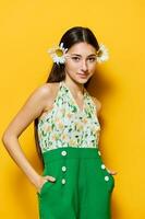 long woman young happy yellow style beautiful fashion camomile stylish hair flower photo