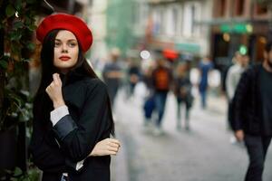 Woman walking down an old city street in a crowd, sociophobia, fear of crowds, fear of people, panic attack. photo