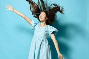 studio woman blue young model beautiful summer fashion smile dress style photo