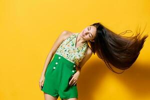 stylish woman young beautiful trendy style emotion yellow happy fun fashion photo