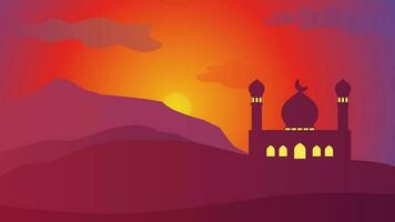 Islamic landscape vector illustration. Mosque landscape with mountain hill and shiny sky. Background landscape for islam religion and muslim faith. Wallpaper of design mountain with mosque silhouette