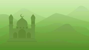 Islamic landscape vector illustration. Mosque landscape with mountain hill and shiny sky. Background landscape for islam religion and muslim faith. Wallpaper of design mountain with mosque silhouette