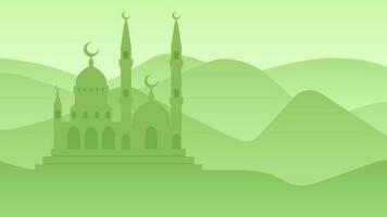 Islamic landscape vector illustration. Mosque landscape with mountain hill and shiny sky. Background landscape for islam religion and muslim faith. Wallpaper of design mountain with mosque silhouette