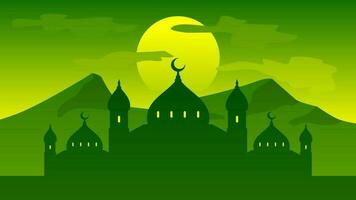 islámico paisaje vector ilustración. mezquita paisaje con montaña colina y brillante cielo. antecedentes paisaje para islam religión y musulmán fe. fondo de pantalla de diseño montaña con mezquita silueta