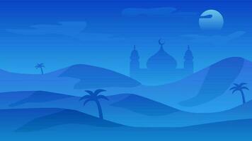 Islamic landscape vector illustration. Mosque landscape with mountain hill and shiny sky. Background landscape for islam religion and muslim faith. Wallpaper of design mountain with mosque silhouette