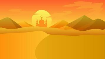 Islamic landscape vector illustration. Mosque landscape with mountain hill and shiny sky. Background landscape for islam religion and muslim faith. Wallpaper of design mountain with mosque silhouette