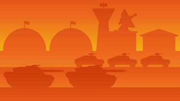 Military base landscape vector illustration. Military army with tank, gun and radar tower. Battlefield silhouette landscape for background, wallpaper, display or landing page