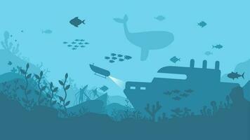 Underwater landscape vector illustration. Deep sea landscape with submarine and shipwreck. Sea world silhouette landscape for background, wallpaper, display or landing page