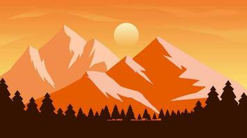 Mountain landscape vector illustration. Mountain peak view with pine forest and sunset sky. Mountain range landscape for background, wallpaper, display or landing page. Design vector background