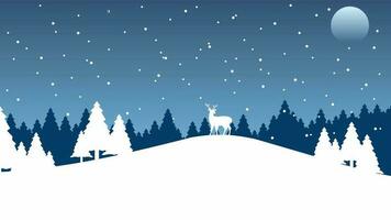 Winter landscape vector illustration. Winter background with deer and pine forest at the snow hill. Silhouette of cold season landscape for background, wallpaper, display or landing page