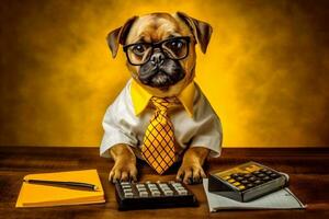 financiero perro negocio gracioso amarillo Finanzas mascota éxito animal antecedentes humor. generativo ai. foto