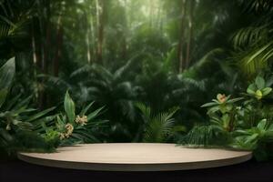 mock platform leaf space wooden up design green color palm podium. Generative AI. photo