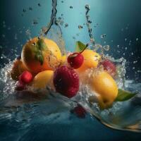 fresa espacio vitamina soltar comida antecedentes Copiar sano agua verde Fresco fruta. generativo ai. foto