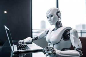 ai robot artificial digital laptop hand office technology document paper. . photo
