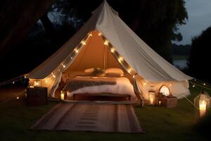 tent camping vacation glamping light travel canvas luxury nature forest. . photo