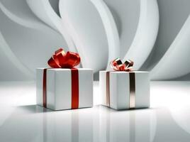 white isolated package gift ribbon surprise red box present christmas. Generative AI. photo