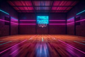 basketball background futuristic empty arena virtual indoor corridor interior neon hall game. Generative AI. photo