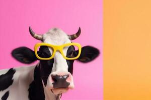 funny cow character cute sunglasses face colourful head animal portrait. Generative AI. photo