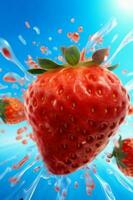 blue fresh splash freshness water background food fruit red healthy strawberry. Generative AI. photo