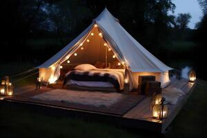 canvas camping nature luxury glamping light forest vacation tent travel. . photo