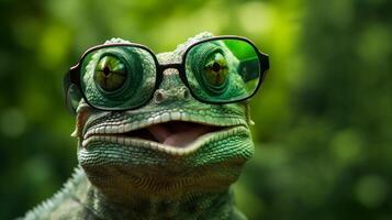 green portrait lizard scale close-up iguana animal reptile wildlife glasses. Generative AI. photo